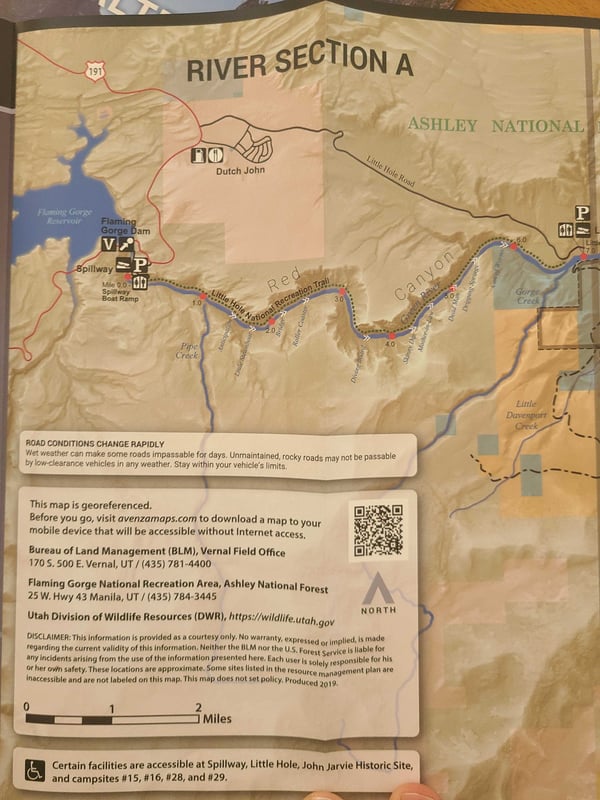 Float Map for Section A of Green River in Flaming Gorge (Dam to Little Hole)