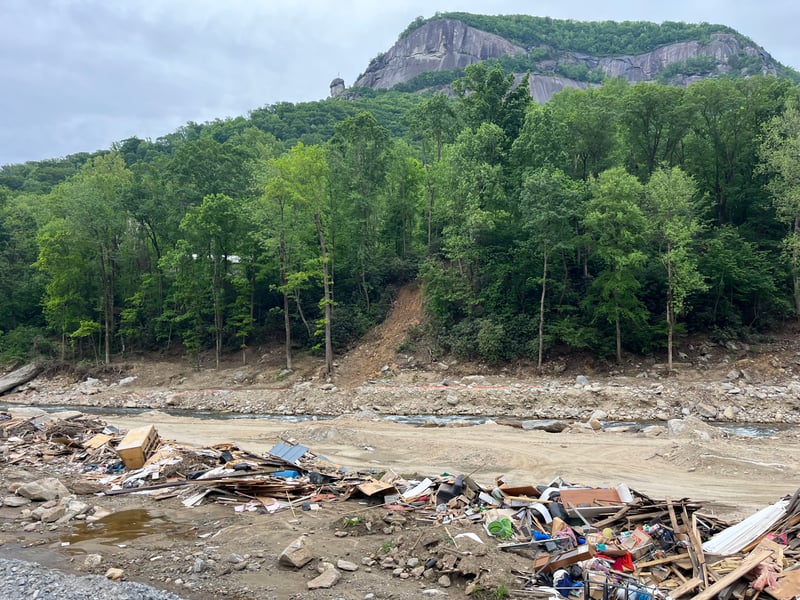 Man-made channel with Chimney Rock in the background