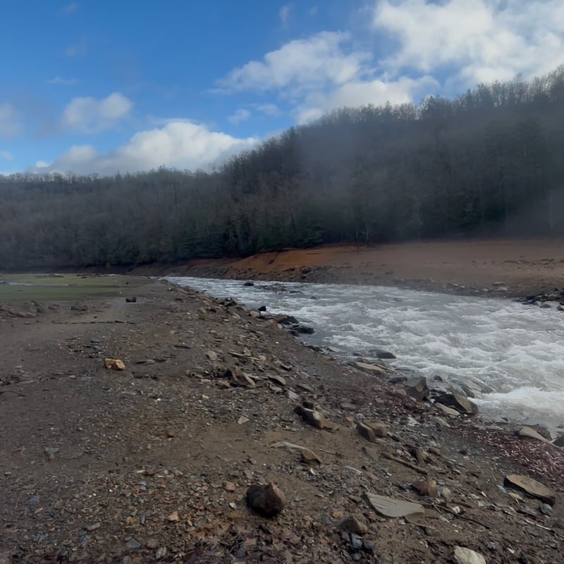 Looking upstream at river from lake confluence 