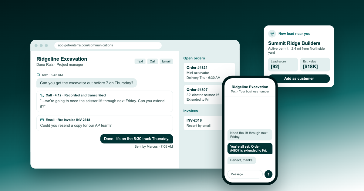 Renterra Communications showing a customer's calls, texts, and emails in one thread next to their open rental orders, with a new nearby lead card