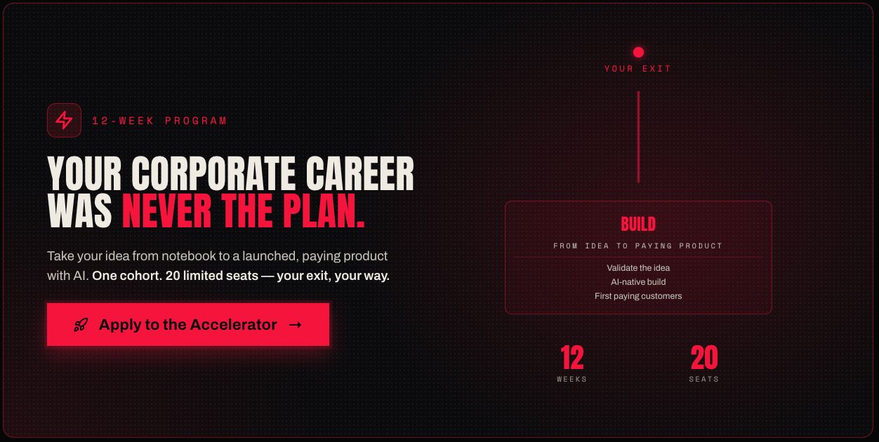 Your corporate career was never the plan — apply to the 12-week Solopreneur Accelerator. One cohort, 20 seats