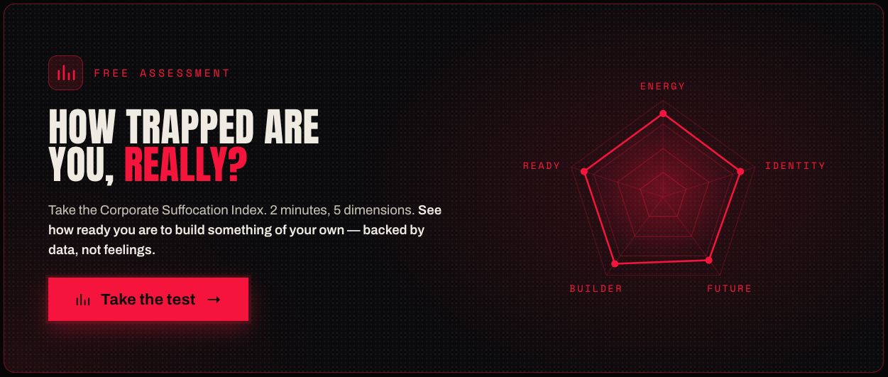 How trapped are you, really? Take the Corporate Suffocation Index — free 2-minute assessment across 5 dimensions