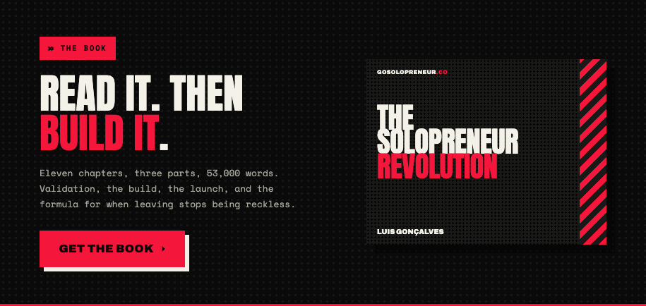 The Solopreneur Revolution book by Luis Gonçalves — the full BUILD methodology: validate before you build, quit when you're ready