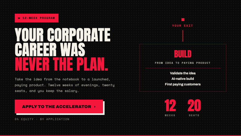 Your corporate career was never the plan — apply to the 12-week Solopreneur Accelerator and validate your idea with guidance