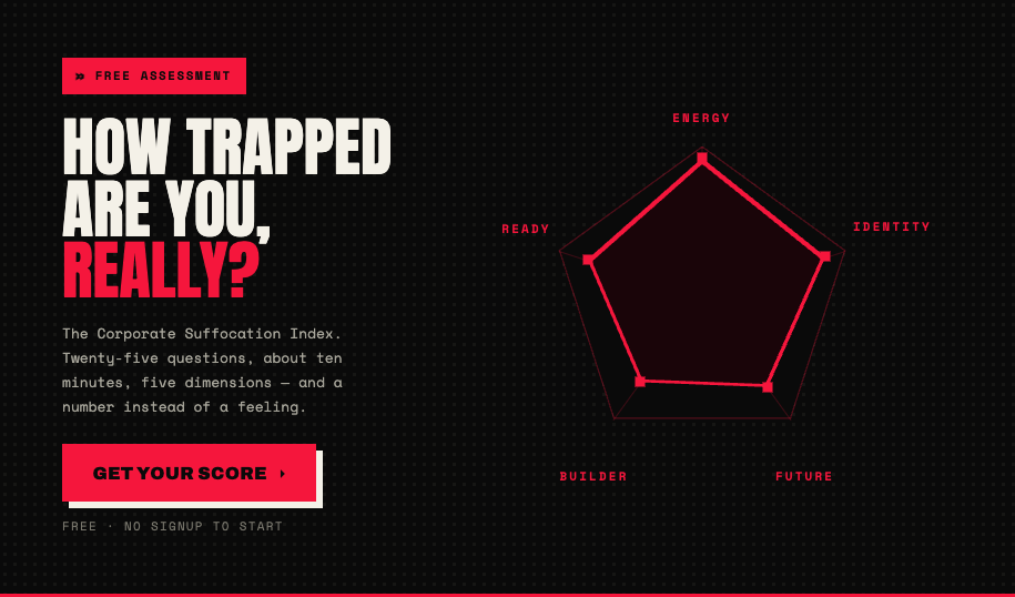 How trapped are you, really? Take the Corporate Suffocation Index — free 10-minute assessment across 5 dimensions