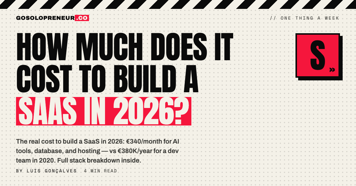 How much does it cost to build a SaaS in 2026? €340/month for AI tools, database and hosting — versus €380K/year for a dev team in 2020.