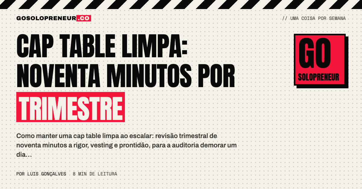 Revisão trimestral de uma cap table limpa com documentos assinados e registos legais