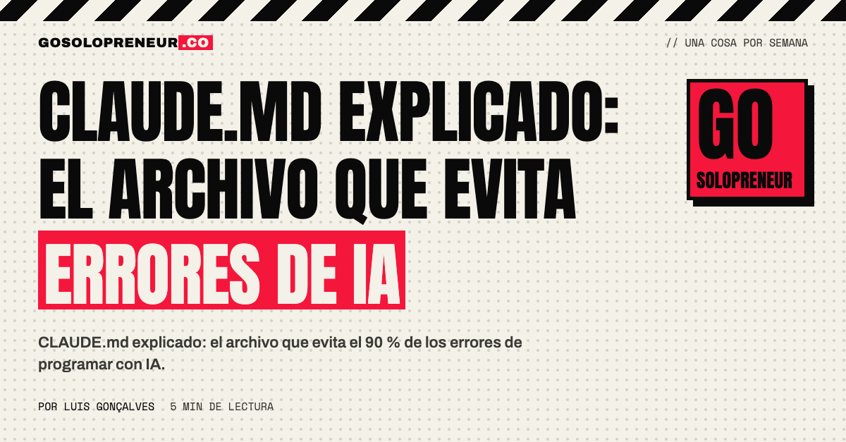 Un archivo CLAUDE.md abierto en la raíz de un proyecto, con reglas, patrones y antipatrones