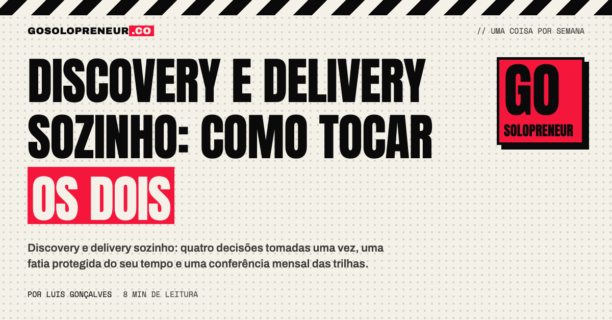 Duas listas, perguntas de discovery e trabalho de delivery, tocadas por uma pessoa só