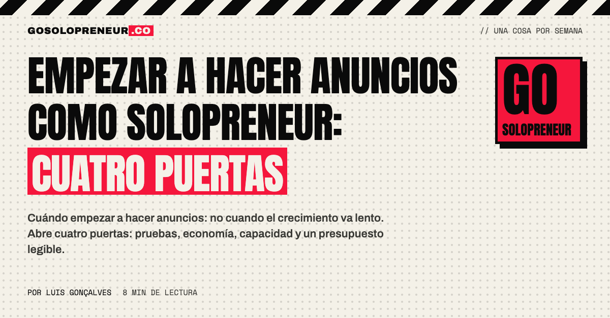 Cuatro puertas abiertas hacia un panel de anuncios, la guía para empezar a hacer anuncios como solopreneur