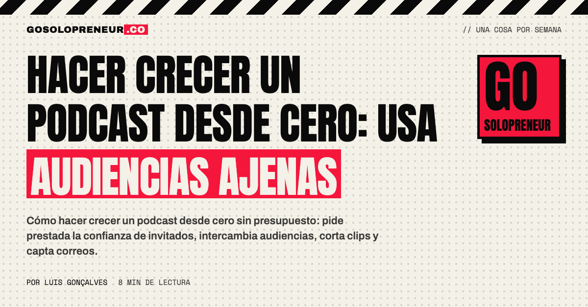 Un podcaster ante el micrófono con una gráfica de oyentes que sube desde cero