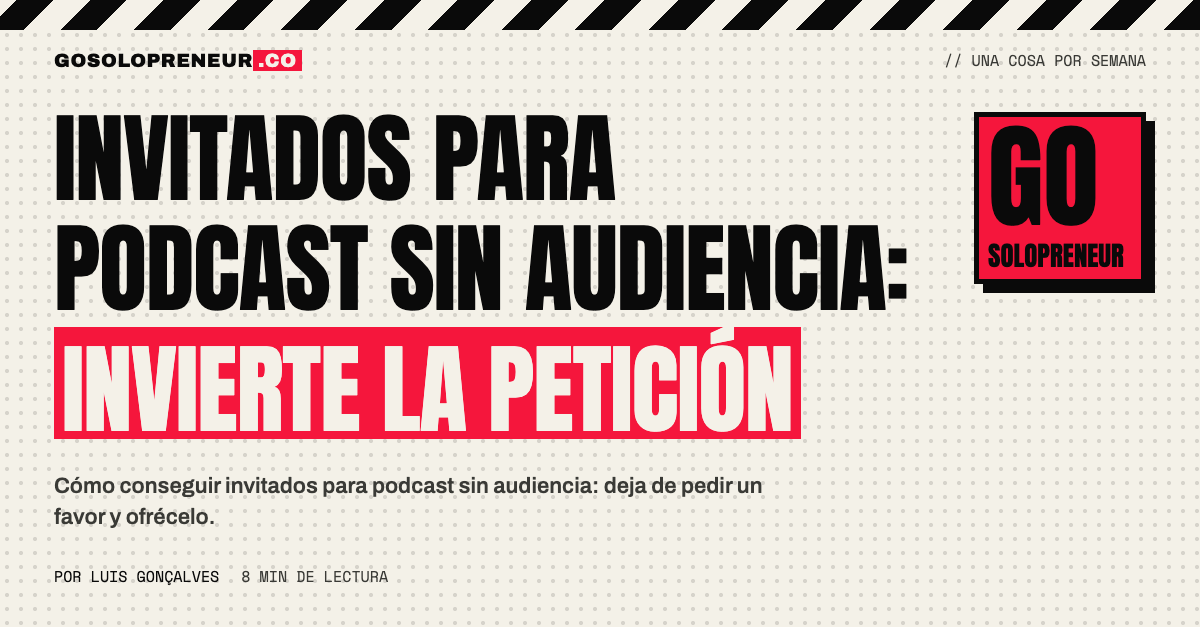 Dos personas conversando ante micrófonos en una entrevista de podcast, con el título sobre cómo conseguir invitados sin audiencia