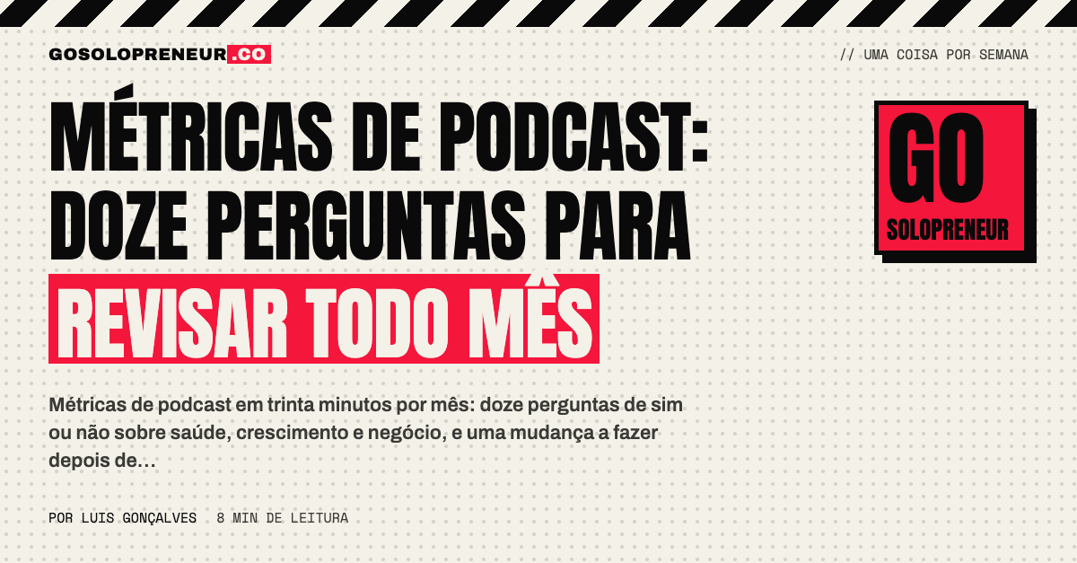 Planilha mensal com métricas de podcast e doze perguntas de revisão
