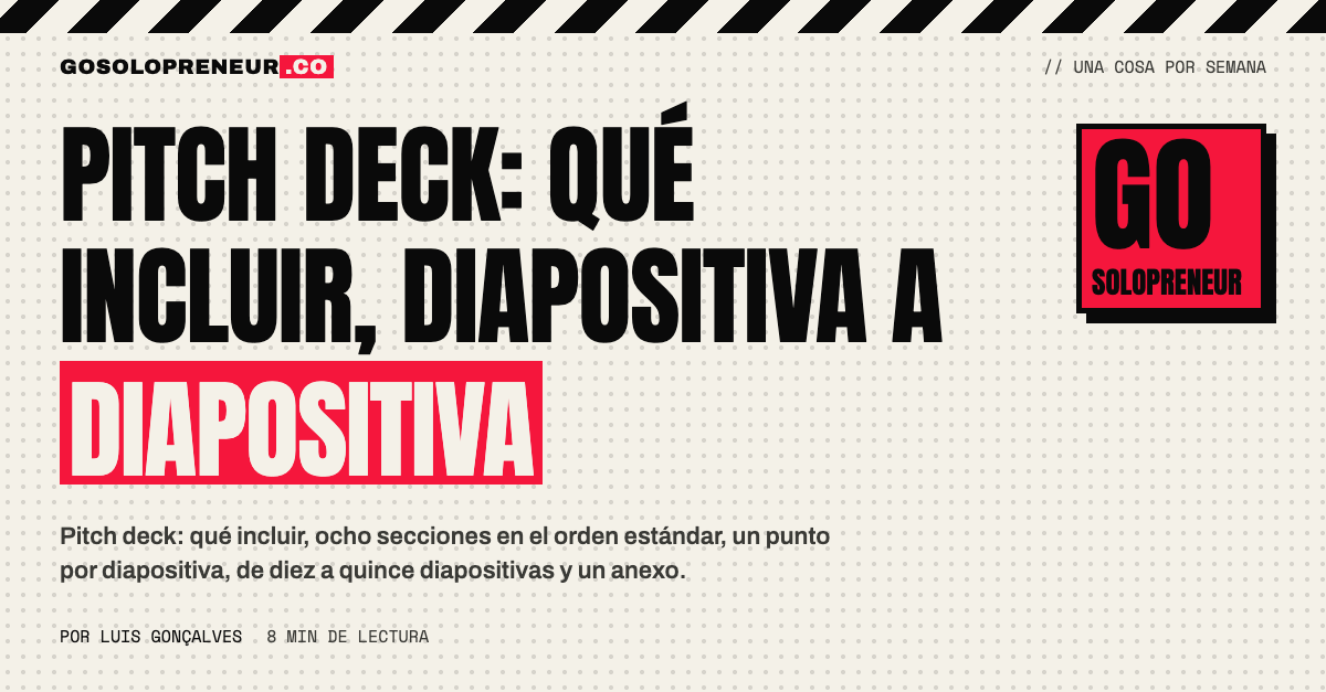 Diapositivas de un pitch deck con las ocho secciones en orden