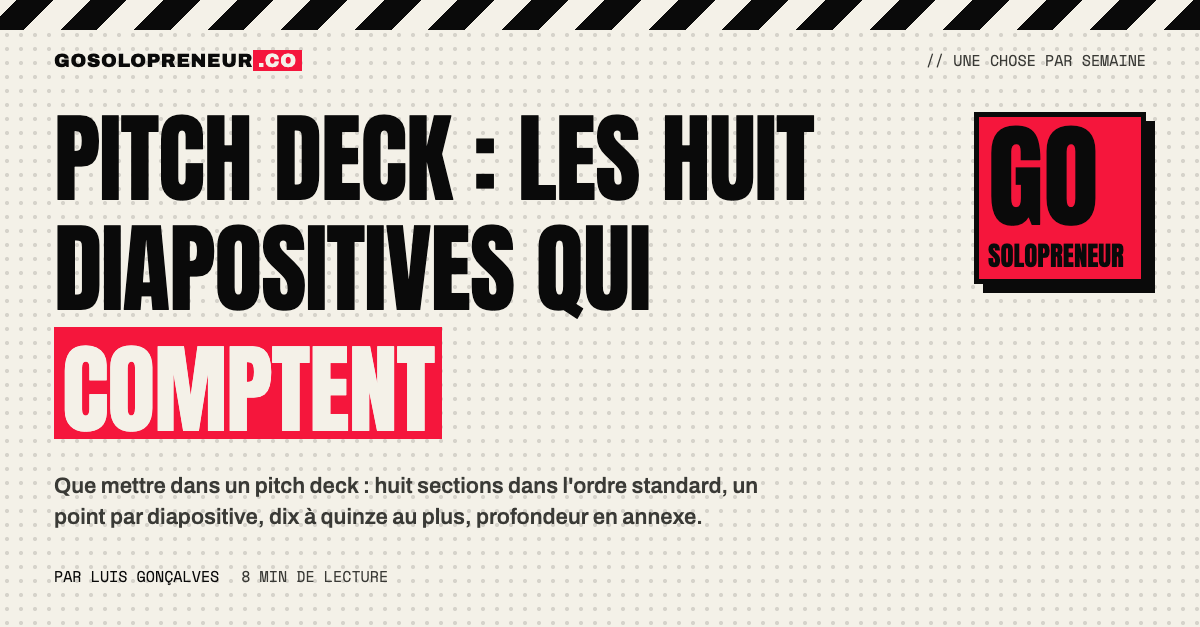 Un pitch deck de huit diapositives affiché sur un écran d'ordinateur