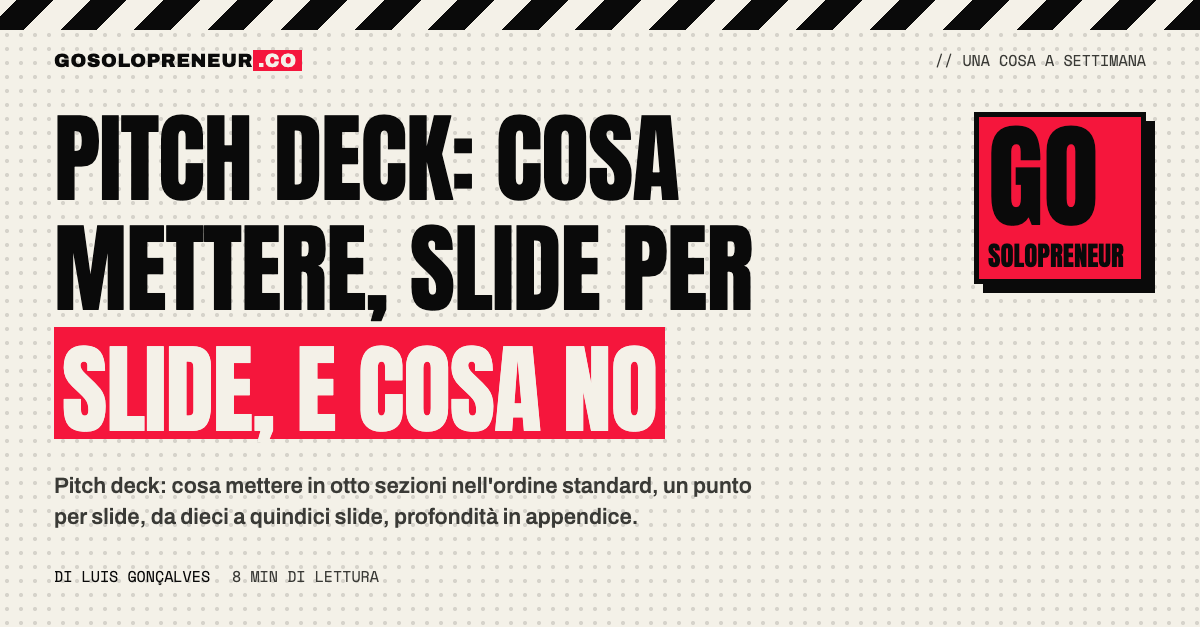 Un pitch deck di otto slide su una scrivania, in ordine standard