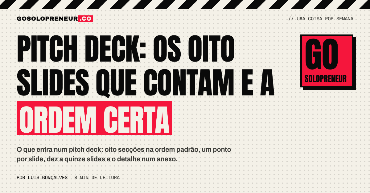 Pitch deck de oito slides aberto num portátil com a estrutura-padrão para investidores