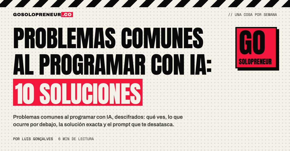 Un fundador sin perfil técnico ante un mensaje de error, con una tabla de síntomas y soluciones al lado