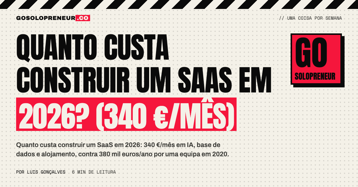 Quanto custa construir um SaaS em 2026? 340 €/mês em ferramentas de IA, base de dados e alojamento — contra 380 mil euros/ano por uma equipa de programadores em 2020.
