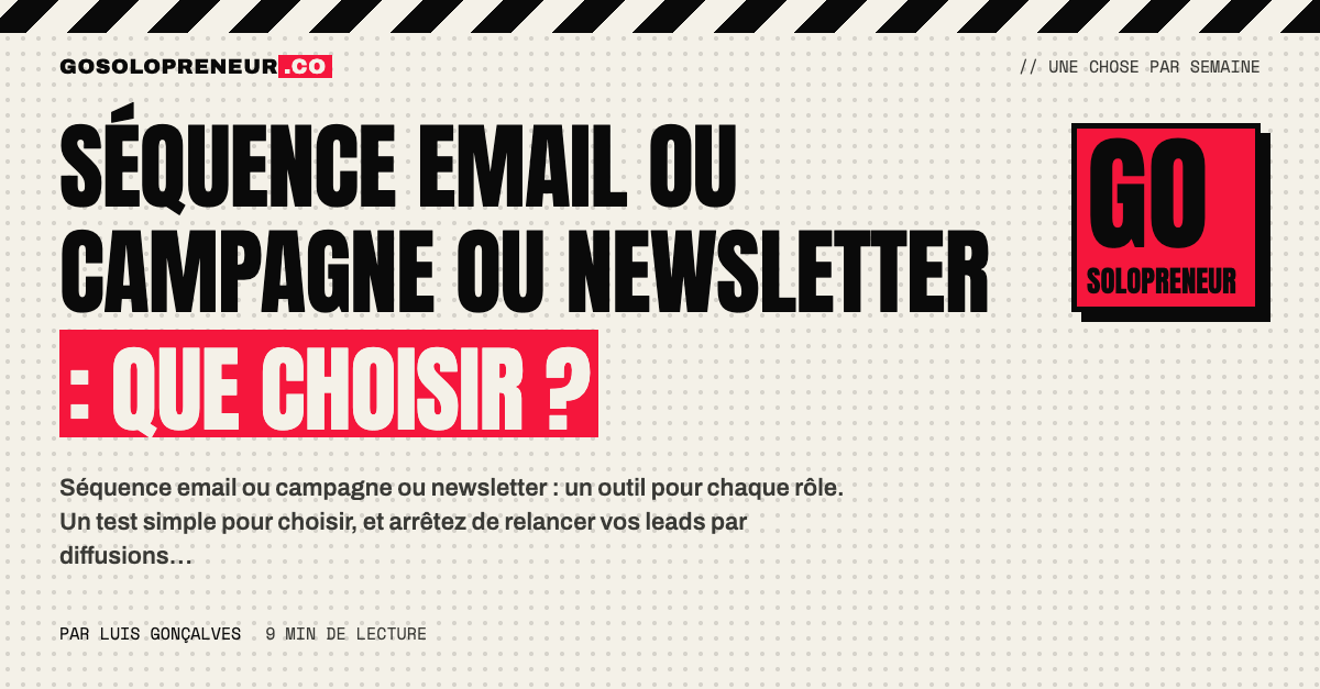 Un solopreneur compare séquence email, campagne et newsletter sur un tableau