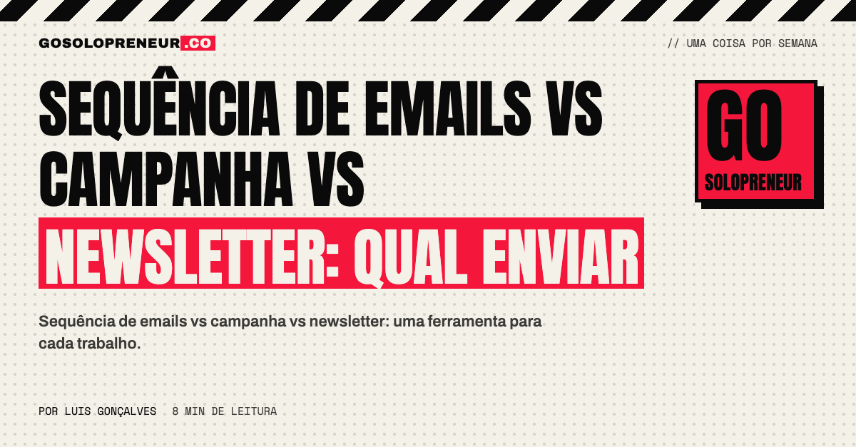 Três envelopes lado a lado, uma sequência, uma campanha e uma newsletter, cada um com o seu ritmo