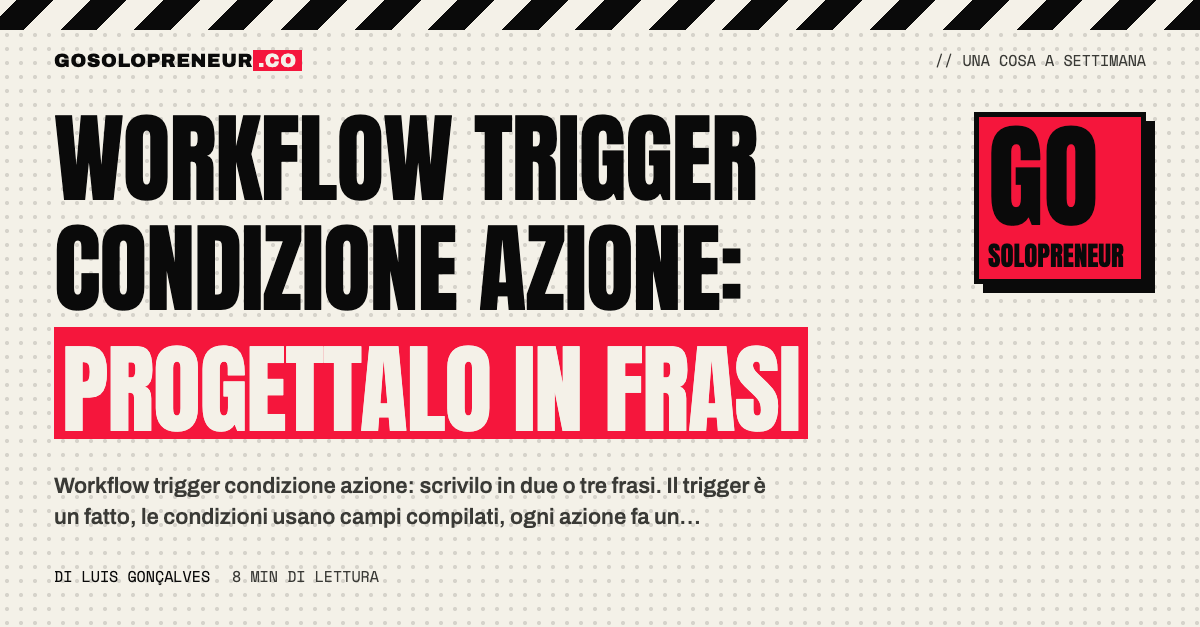 Schema di un workflow con un trigger, una condizione e tre azioni scritti come frasi semplici