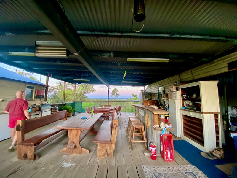 Covered deck with bay views