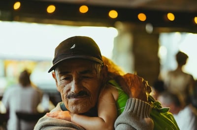 Elderly man wearing a cap embraces a young child warmly, both surrounded by soft ambient lighting in a public setting.