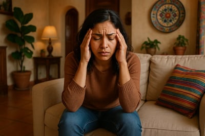 Woman sitting on a couch holding her head, showing signs of anxiety and stress in a home setting
