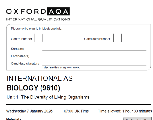 OXFORD AQA AS LEVEL BIOLOGY 2026 JANUARY PAPERS WITH MARKSCHEMES