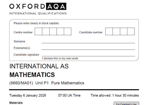 OXFORD AQA AS LEVEL MATHEMATICS 2026 JANUARY PAPERS WITH MARKSCHEMES