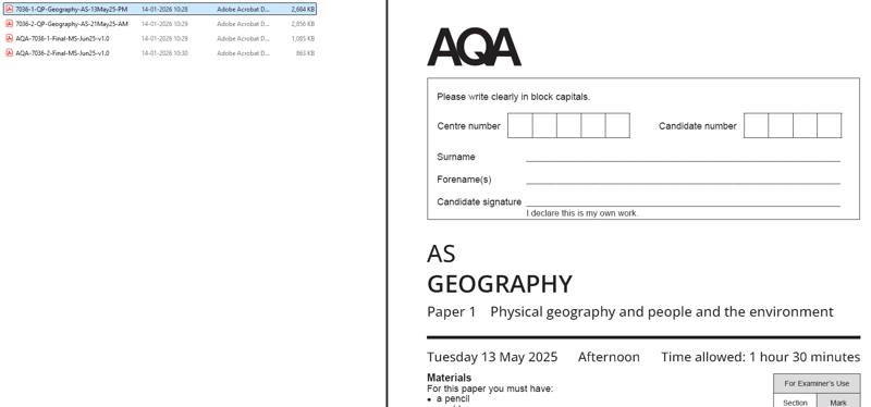 AQA AS LEVEL GEOGRAPHY 2025 JUNE QUESTION PAPERS WITH MARKING SCHEME