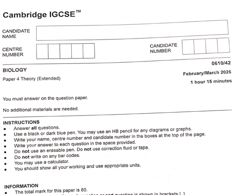 CIE IGCSE Biology (Extended)  Feb March  2026   Question Papers
