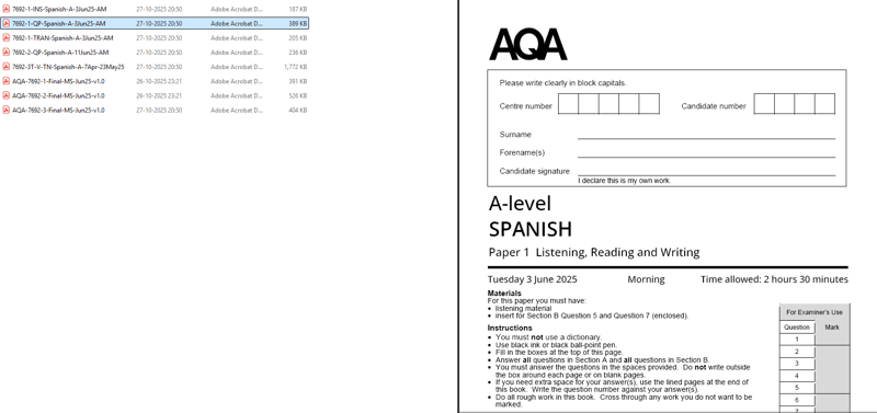 AQA A LEVEL SPANISH 2025 JUNE QUESTION PAPERS WITH MARKING SCHEME