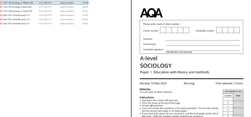 AQA A LEVEL SOCIOLOGY 2025 JUNE QUESTION PAPERS WITH MARKING SCHEME