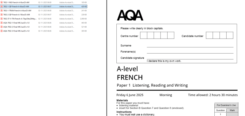 AQA A LEVEL FRENCH 2025 JUNE QUESTION PAPERS WITH MARKING SCHEME