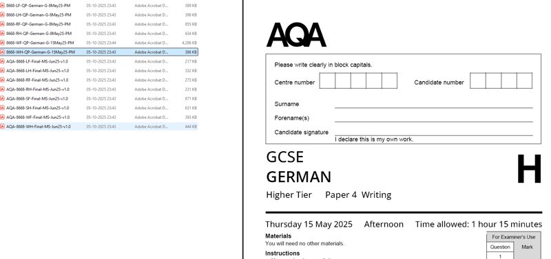 AQA GCSE GERMAN 2025 JUNE PAPERS WITH MARKSCHEMES