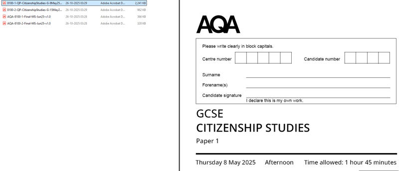 AQA GCSE CITIZENSHIP STUDIES   2025 JUNE PAPERS WITH MARKSCHEMES