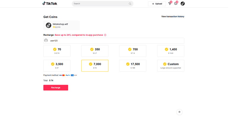 TikTok Fake Coins Recharge Page Script