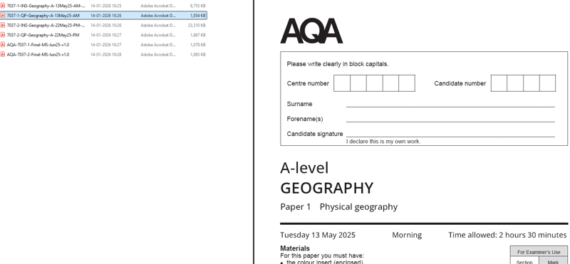 AQA A LEVEL GEOGRAPHY 2025 JUNE QUESTION PAPERS WITH MARKING SCHEME