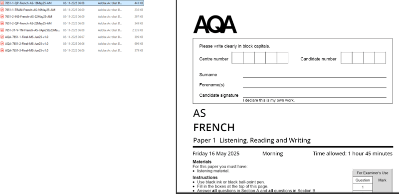 AQA AS LEVEL FRENCH 2025 JUNE QUESTION PAPERS WITH MARKING SCHEME