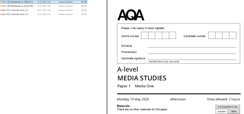 AQA A LEVEL MEDIA STUDIES 2025 JUNE PAPERS WITH MARKSCHEMES