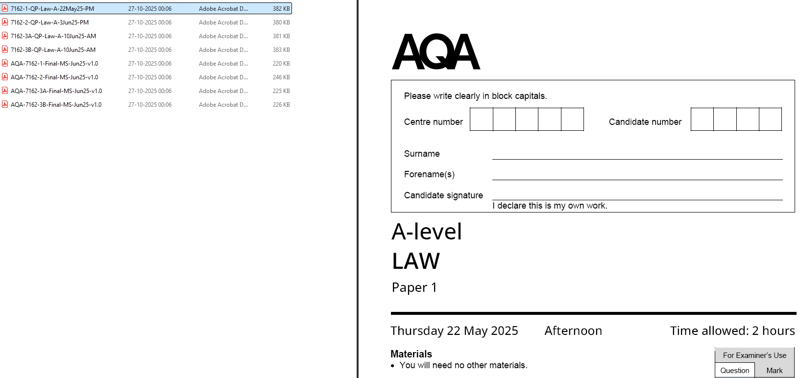 AQA A LEVEL LAW 2025 JUNE QUESTION PAPERS WITH MARKING SCHEME