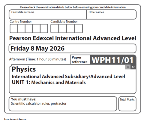 EDXCEL IAL PHYSICS 2026 JUNE QUESTION PAPERS 