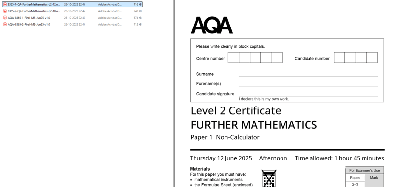 AQA FURTHER MATHS LEVEL 2  2025 JUNE PAPERS WITH MARKSCHEMES