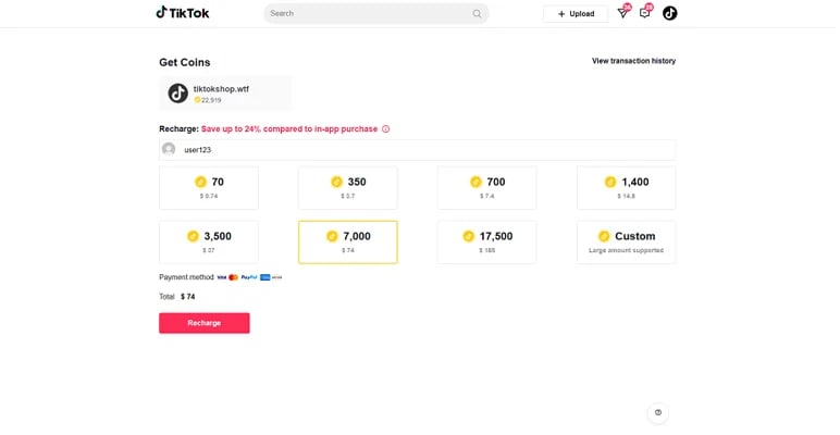 TikTok Fake Coins Recharge Page Script