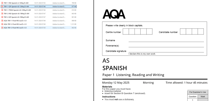 AQA AS LEVEL SPANISH 2025 JUNE QUESTION PAPERS WITH MARKING SCHEME