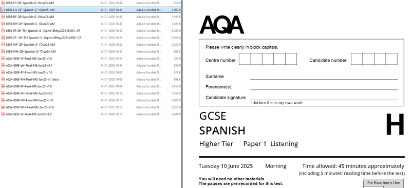 AQA GCSE SPANISH  2025 JUNE PAPERS WITH MARKSCHEMES