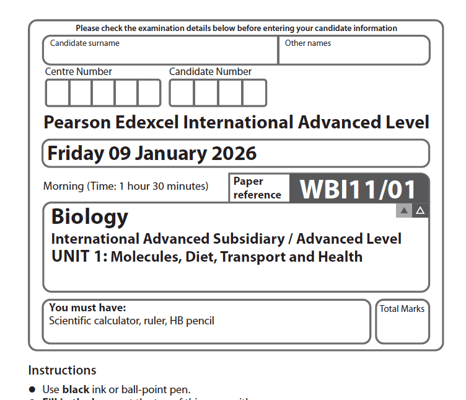 EDEXCEL IAL BIOLOGY 2026 JANUARY QUESTION PAPERS WITH MARKSCHEMES