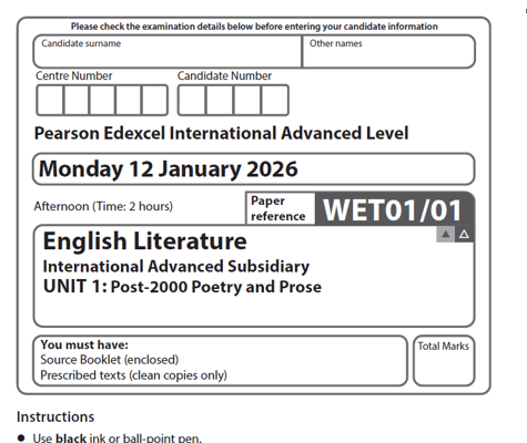 EDEXCEL IAL ENGLISH LITERATURE  2026 JANUARY  QUESTION PAPERS WITH MS